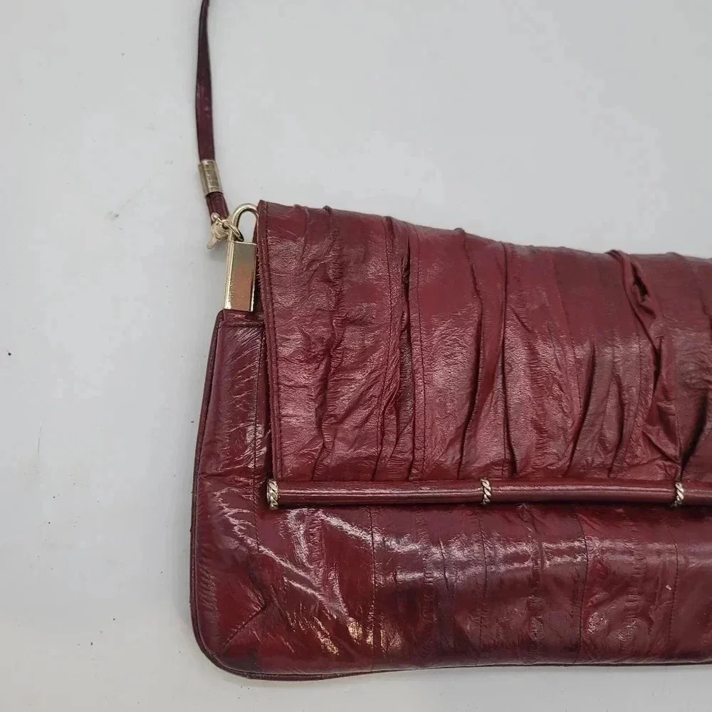 Vintage Womens Genuine Soft Eel Skin Leather Purse Clutch Hand Bag Red Burgundy - Picture 7 of 11